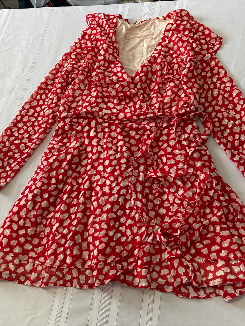 Free People Red & Pink Burnout Wrap Mini Dress Belted Long Sleeve Size M